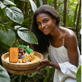 Femme souriante dans la nature tenant un plateau rond de tamarin, gingembre et savon éclaircissant.