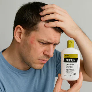 Un uomo guarda un flacone di Selsun con un'espressione preoccupata, la mano sulla testa.