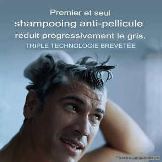 Premier et seul shampooing anti-pellicule réduisant progressivement le gris d'un homme et la dermatite