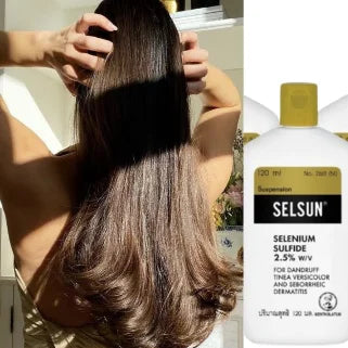 une bouteille de shampooing Selsun et la tête eshampooing utilisé pour traiter les problèmes de cuir chevelu et de chute de cheveux, les résultats potentiels de l'utilisation