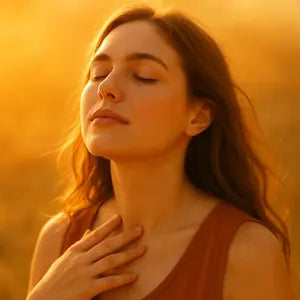 Portrait d'une femme apaisée, yeux fermés, main sur la poitrine, avec une lumière dorée du soleil.
