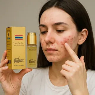 Jeune femme avec acné sévère utilisant sérum huile crocodile thaïlandais pour cicatrices tenaces visage.
