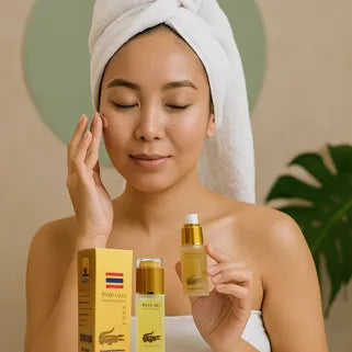 Femme appliquant sérum huile crocodile sur visage propre, peau sèche sensible, soin hydratant quotidien efficace.