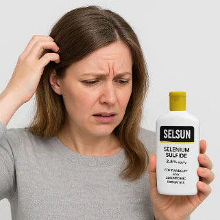 Une femme se gratte la tête avec une expression perplexe, tenant un flacon de sulfure de sélénium Selsun.