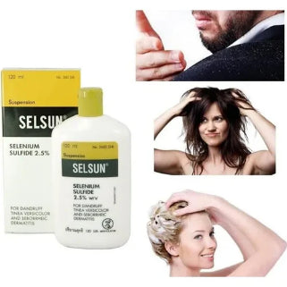 Bouteilles de produits Selsun pour traiter les pellicules, personnes montrant leurs cheveux en bienfaits