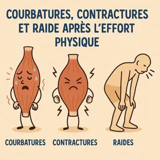 Illustration des courbatures, contractures et raideurs musculaires après l'effort physique, avec symptômes. 
