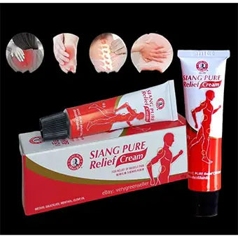 Crème Siang Pure Relief pour soulager douleurs musculaires et articulaires, tube rouge et blanc.