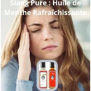 Femme migraineuse cherche soulagement avec huile menthe pure pour maux tête.