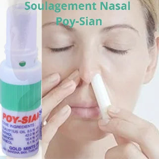 Personne utilisant un spray nasal Poy-Sian pour déboucher le nez.