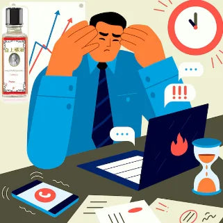 Homme stressé au travail, avec ordinateur portable et objets illustrant la pression.