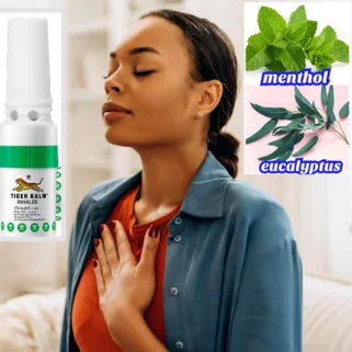 Femme respirant un spray mentholé ou eucalyptus pour soulager une congestion.