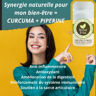 Publicité pour supplément de curcuma présentant ses bienfaits pour la santé.