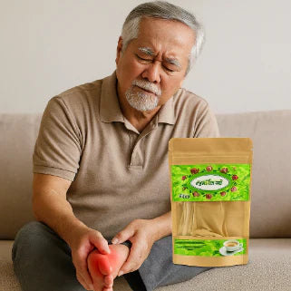 Douleur liée à la goutte représentée par un homme grimaçant, avec Tapee Tea visible.