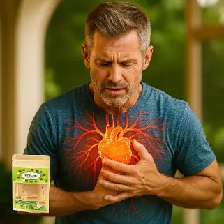 Homme ressentant une douleur thoracique avec une illustration de cœur, et un sachet de produit.