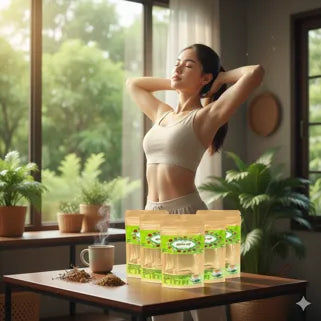 Femme détendue à la maison avec infusion naturelle Tapee, énergie et bien-être quotidien assurés. 