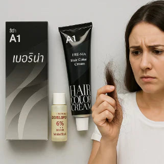  Femme examinant des cheveux en chute excessive, avec des produits de teinture capillaire à côté.