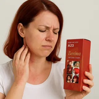 Femme souffrant d'une réaction allergique après avoir utilisé une teinture capillaire rouge A23.