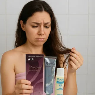 Donna che guarda con esitazione i prodotti per la tinta capillare viola-marrone scuro.