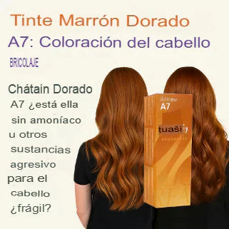 Publicidad tinte "Marrón Dorado A7" DIY cabello castaño dorado, pregunta sobre ausencia de amoníaco para cabello frágil.