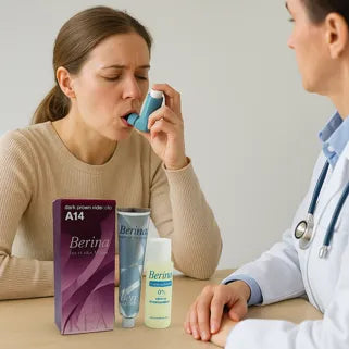 Donna asmatica che usa un inalatore, consultazione medica, prodotti per capelli Berina A14 visibili.