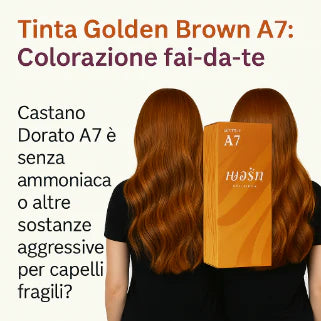 Donna con capelli castano dorato, confezione della tinta Golden Brown A7 visibile davanti al viso.