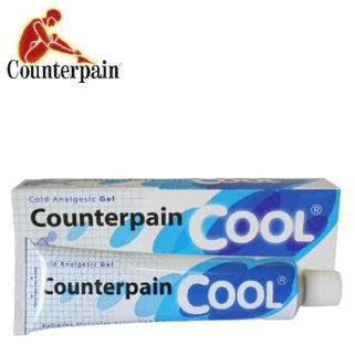 La crème anti-douleur Counterpain Cool est présentée dans un tube bleu et blanc, accompagné de sa boîte en carton.