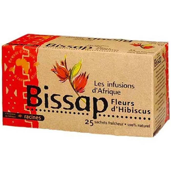 Boîte en carton kraft de la marque Bissap, gamme "Les infusions d'Afrique", contenant 25 sachets de fleurs d'hibiscus 100 % naturelles, ornée d'un motif floral rouge et orange sur fond beige.