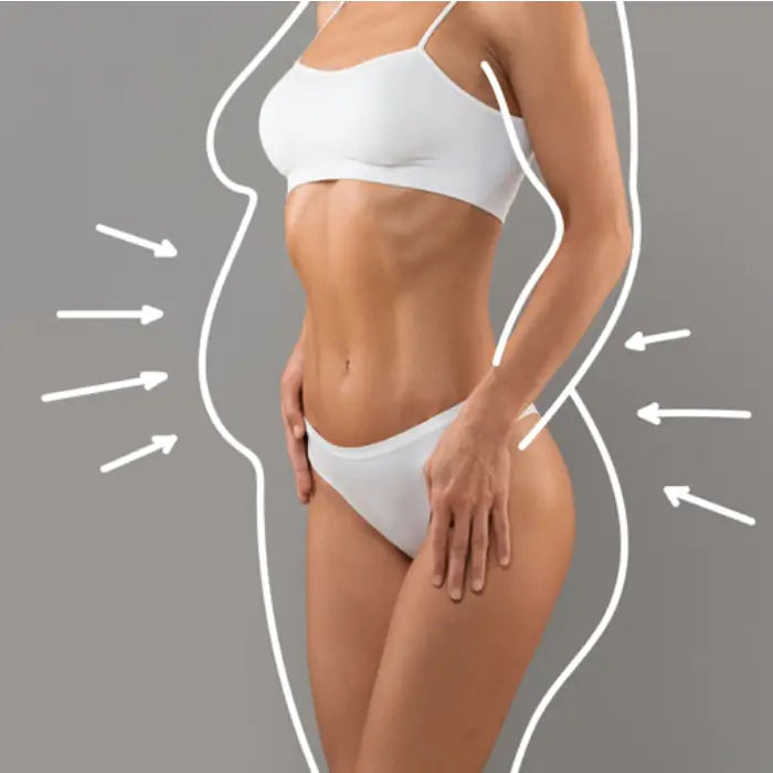 silhouette de femme en maillot de bain blanc entoure d'une forme blanche qui évoque un amincissement