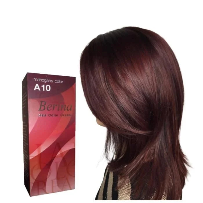 Crème colorante pour cheveux Berina A10, couleur acajou, avec exemple de couleur de cheveux sur modèle