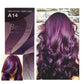 L'image montre une boîte de Berina Hair Color Cream couleur A14 marron foncé violet, à côté d'une photo de cheveux longs et ondulés teints en violet