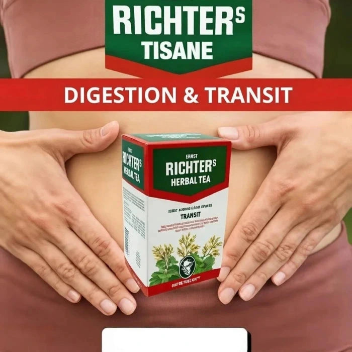 Boîte de tisane Ernst Richter's tenue devant le ventre d'une femme. Ce produit naturel cible la digestion et le transit pour un confort intestinal optimal.