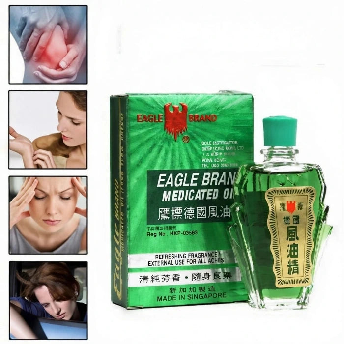 Eagle Brand Medicated Oil soulage douleurs musculaires et maux de tête, flacon vert iconique