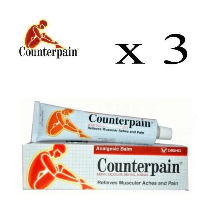 3 emballages et tubes de gel counterpain chaude, logo counterpain dans le coin en haut a gauche, x3 inscrit en noir .
