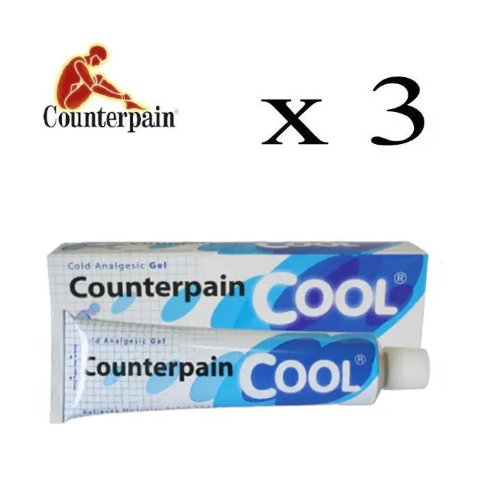 Gel et boîte d'analgésique froid Counterpain Cool bleu clair et bleu foncé avec logo, inscription x3 en noir