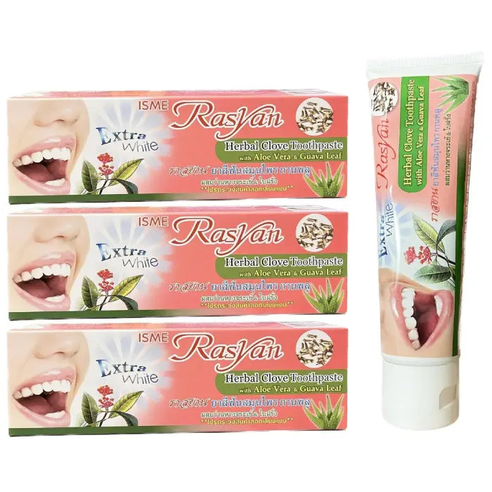 Trois boîtes et un tube de dentifrice Isme Rasyan Extra White aux clous de girofle, aloé vera et feuille de goyave, soin blanchissant thaïlandais.