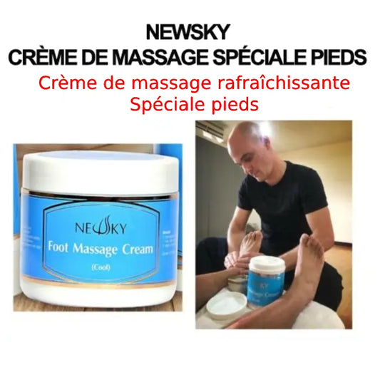 Crème de massage rafraîchissante pour les pieds, présentée dans un pot bleu, accompagnée d’une scène où une personne applique la crème sur un pied pour illustrer son utilisation.