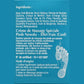 Étiquette bleue d’une crème de massage pour les pieds, présentant la liste des ingrédients, la description du produit, le numéro de certificat et les instructions d’utilisation, accompagnée d’un visuel stylisé de pied.
