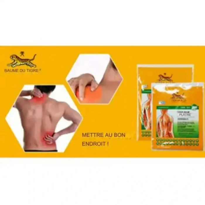 Publicité pour les Pansements Médicamenteux Tiger Balm, montrant trois images d'application des pansements, deux paquets du produit et le texte METTRE AU BON ENDROIT !. Fond orange avec le logo Tiger Balm.