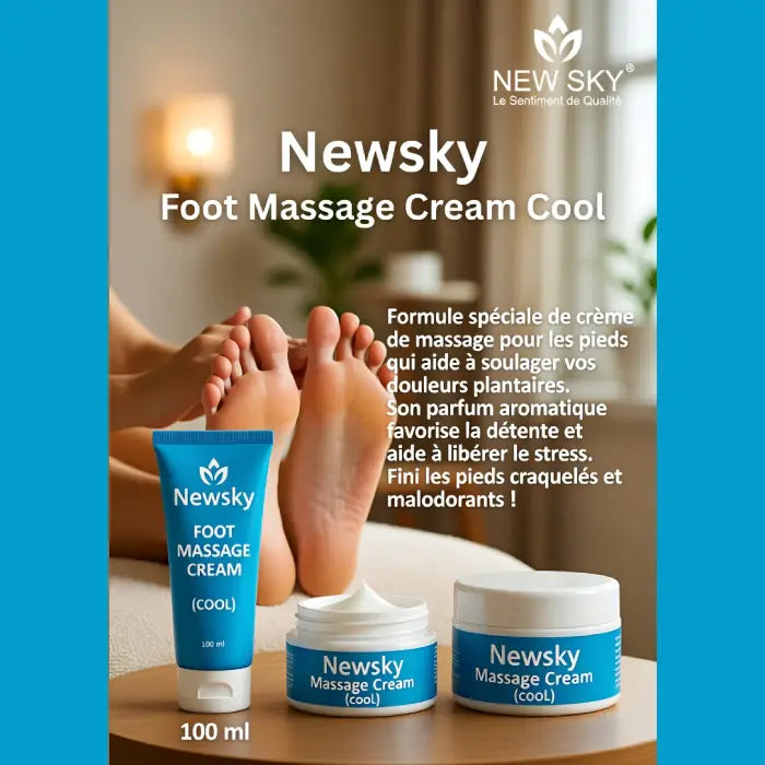 Visuel promotionnel montrant plusieurs contenants de crème de massage pour les pieds, posés devant une scène chaleureuse avec des pieds détendus en arrière‑plan, évoquant un soin rafraîchissant et apaisant.
