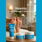 Visuel promotionnel montrant plusieurs contenants de crème de massage pour les pieds, posés devant une scène chaleureuse avec des pieds détendus en arrière‑plan, évoquant un soin rafraîchissant et apaisant.