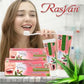 Jeune femme utilisant le dentifrice Rasyan Extra White. Image lifestyle montrant le packaging rose et le tube pour une hygiène bucco-dentaire quotidienne.