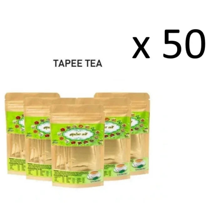 50 sachets de thé brun avec étiquettes vertes en écriture thaïlandaise, images de feuilles de thé et tasse. Mention "Natural Goods" en anglais.25 Sachets Tapee Tea Thai Herbal Tea - pour douleurs musculaires, la goutte