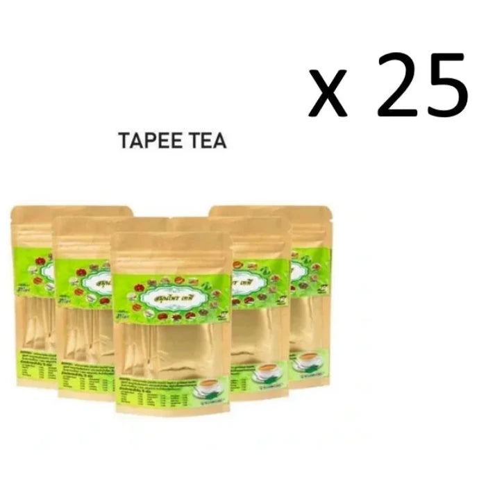 Paquets de thé brun avec étiquettes vertes en écriture thaïlandaise, images de feuilles de thé et tasse. Mention "Natural Goods" en anglais.25 Sachets Tapee Tea Thai Herbal Tea - pour douleurs musculaires, la goutte