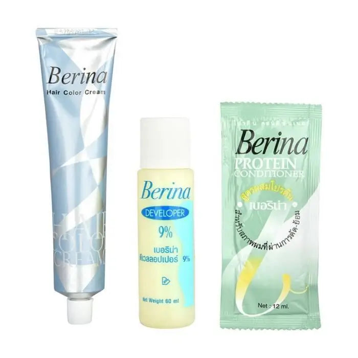 Trois produits capillaires Berina: crème colorante, développeur 9% et après-shampoing protéiné