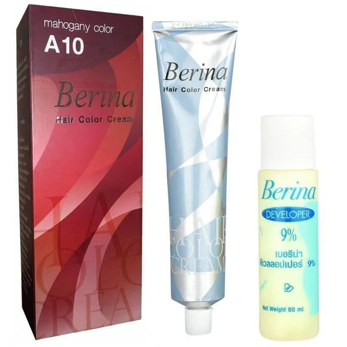 Crème colorante pour cheveux Berina A10, couleur acajou, avec développeur 9%, tube de 60 ml, et boîte d'emballage.