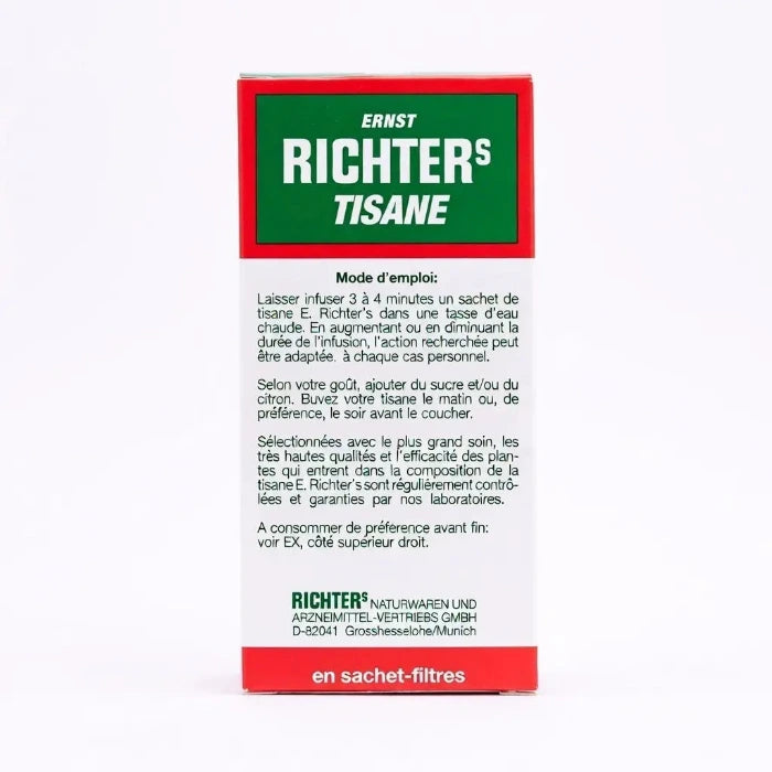 Le dos de la boîte de tisane Ernst Richter's détaille le mode d'emploi. Il est conseillé de laisser infuser un sachet 3 à 4 minutes pour favoriser le transit et le bien-être.