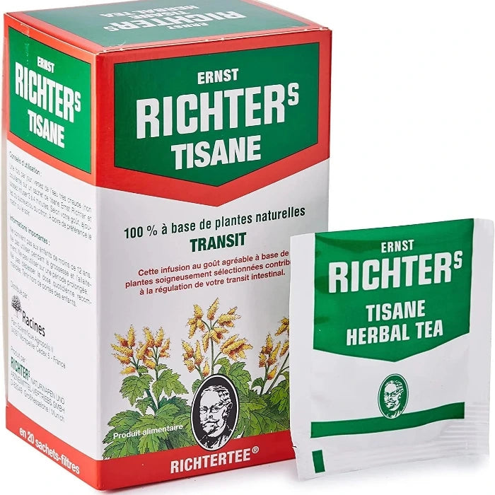 Boîte et sachet de tisane Ernst Richter's. Cette infusion 100 % naturelle est conçue pour réguler le transit intestinal grâce à des plantes sélectionnées.