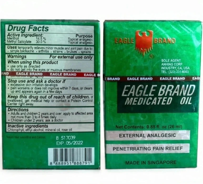 Boîte Eagle Brand Medicated Oil menthol et chlorophylle, vue recto-verso avec composition et avertissements