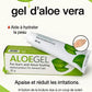 Publicité pour un gel d’aloe vera mettant en avant ses bienfaits hydratants et apaisants. Contient de l’Aloe barbadensis Leaf. Conditionné en tube de 30g. Aide à cicatriser les brûlures, tissus et irritations dues au soleil. Produit à base de plantes en vente libre.