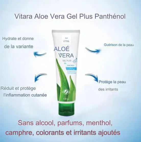 gel aloé vera plus panthénol 120g, hydratant, soigne l'acné et protege la peau